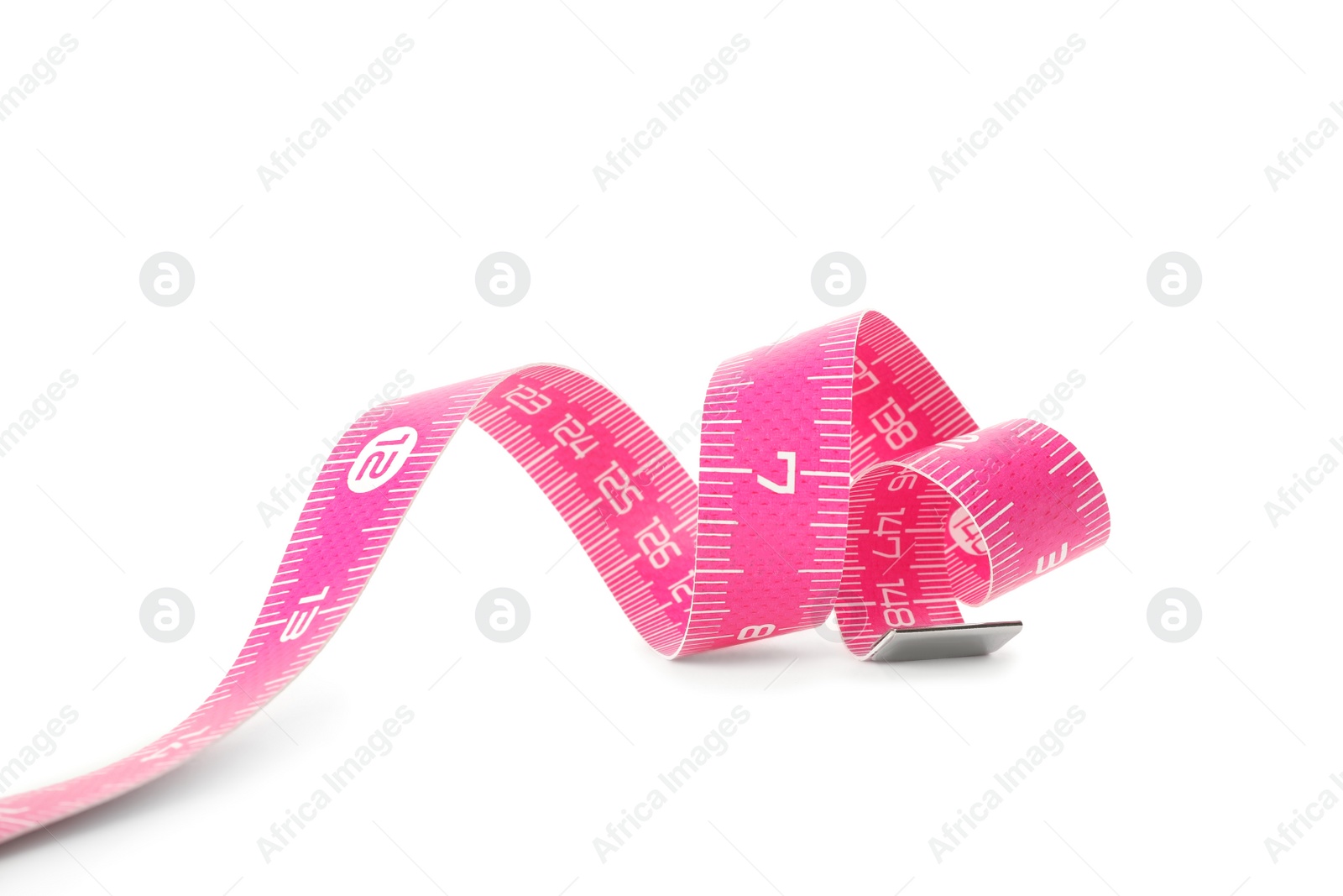 Photo of New pink measuring tape isolated on white