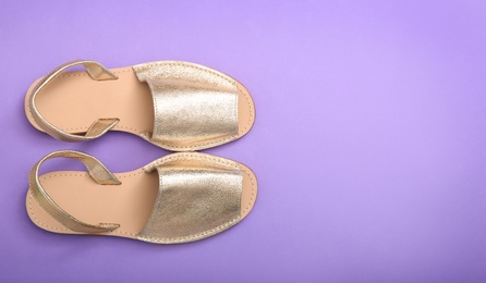 Photo of Pair of female shoes on color background