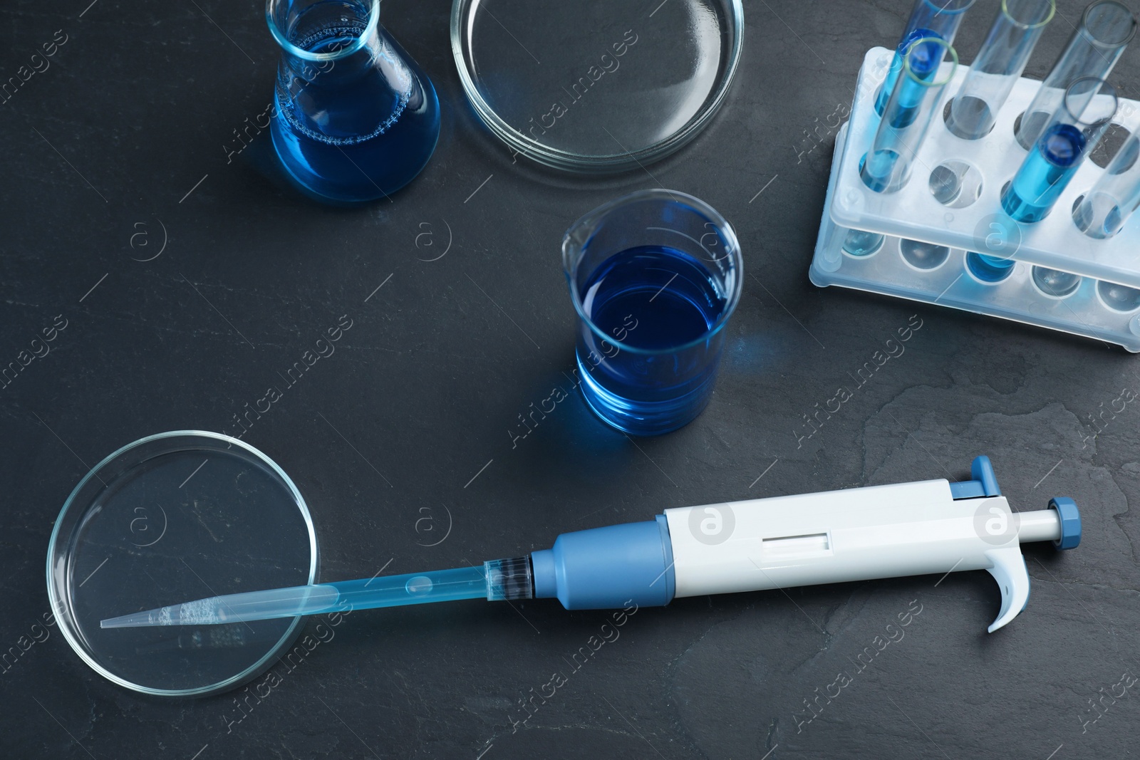 Photo of Laboratory analysis. Micropipette, petri dishes, beaker, flask and test tubes on black table, above view