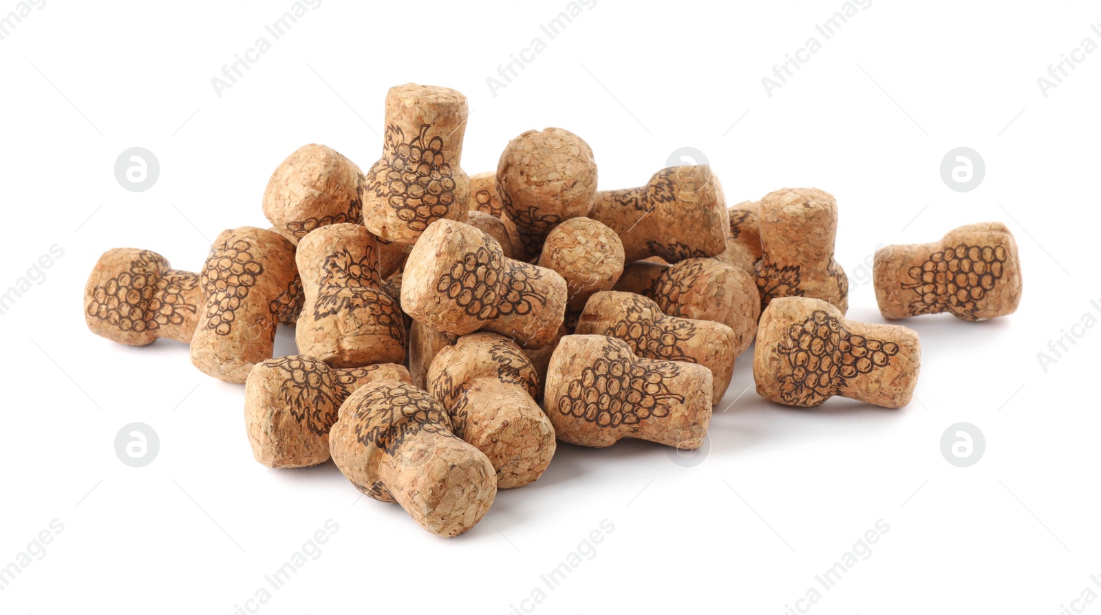 Photo of Heap of sparkling wine corks on white background