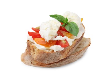 Photo of Delicious sandwich with burrata cheese and tomatoes isolated on white