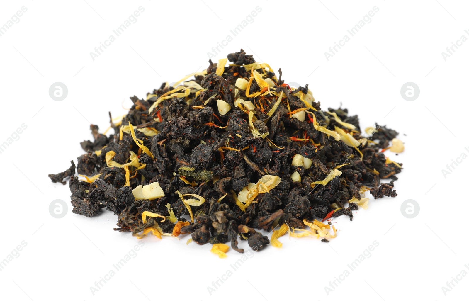 Photo of Pile of aromatic herbal tea isolated on white