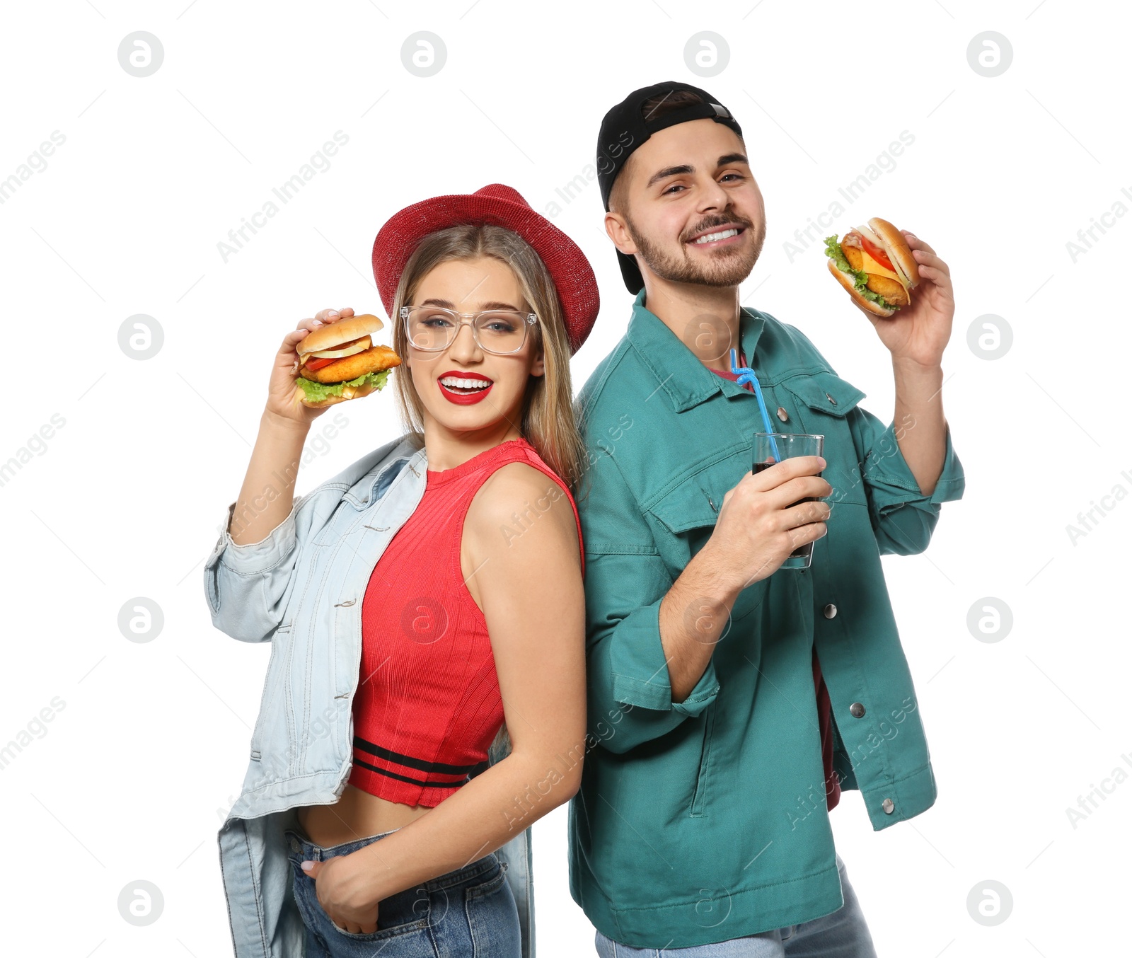 Photo of Happy couple with tasty burgers isolated on white