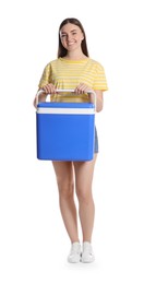 Photo of Happy young woman with plastic cool box isolated on white