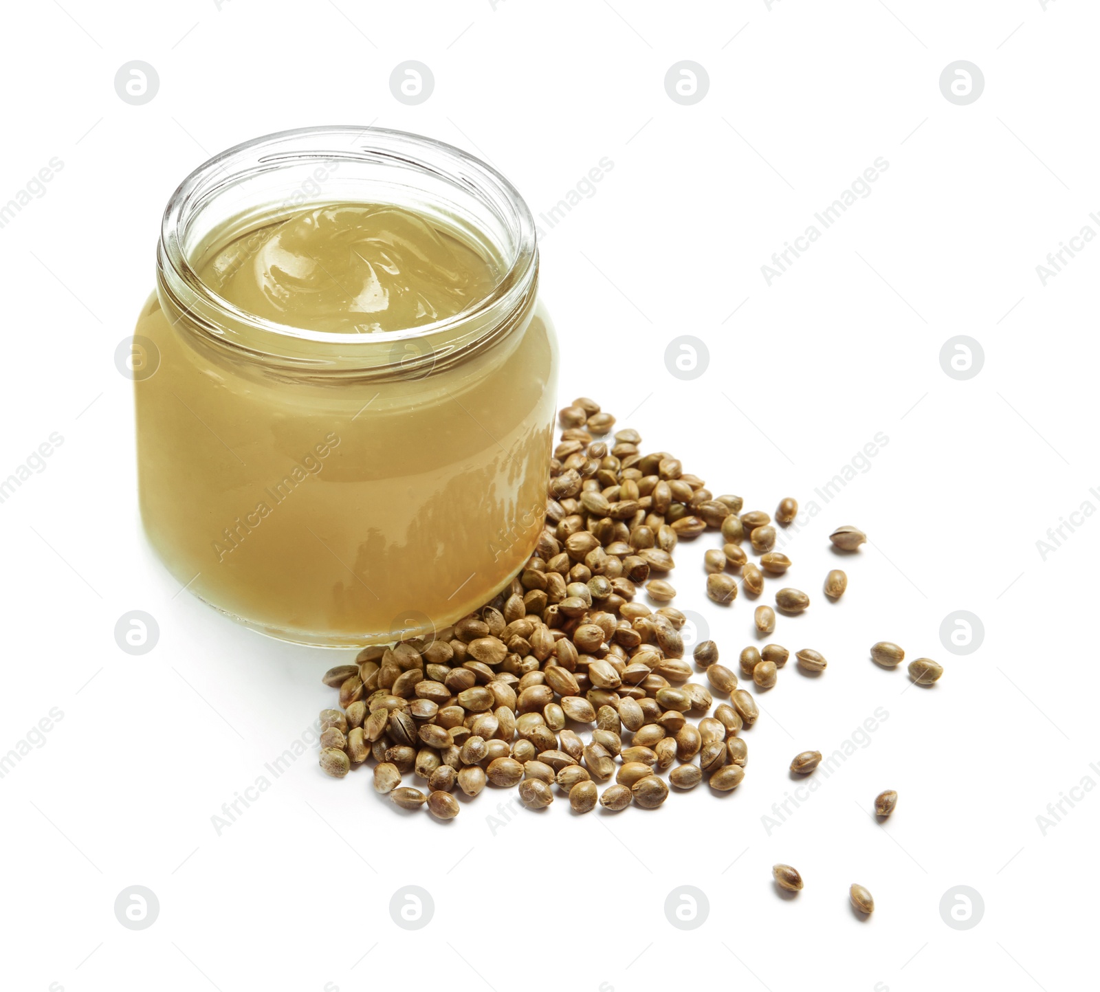 Photo of Jar with hemp lotion on white background