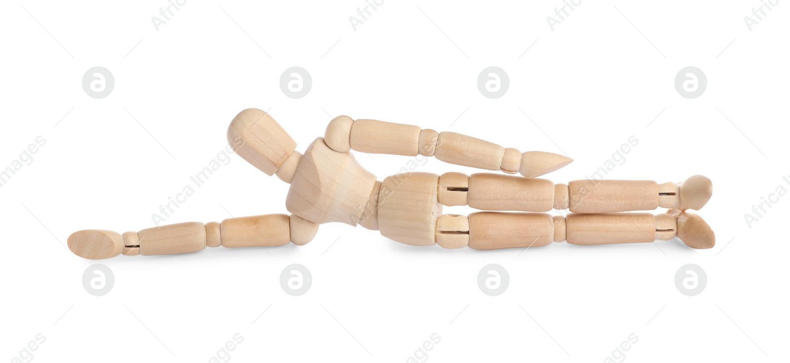 Photo of Wooden human model on white background. Mini mannequin