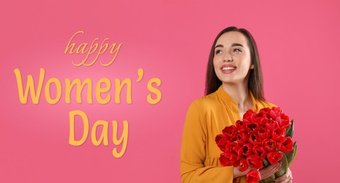 Image of Happy Women's Day, Charming lady holding bouquet of beautiful flowers on pink background