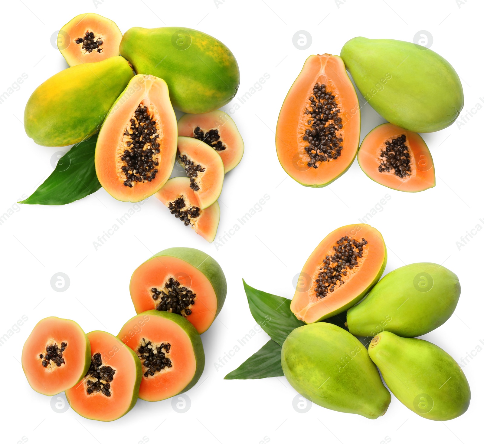 Image of Set with fresh ripe papaya fruits on white background, top view 