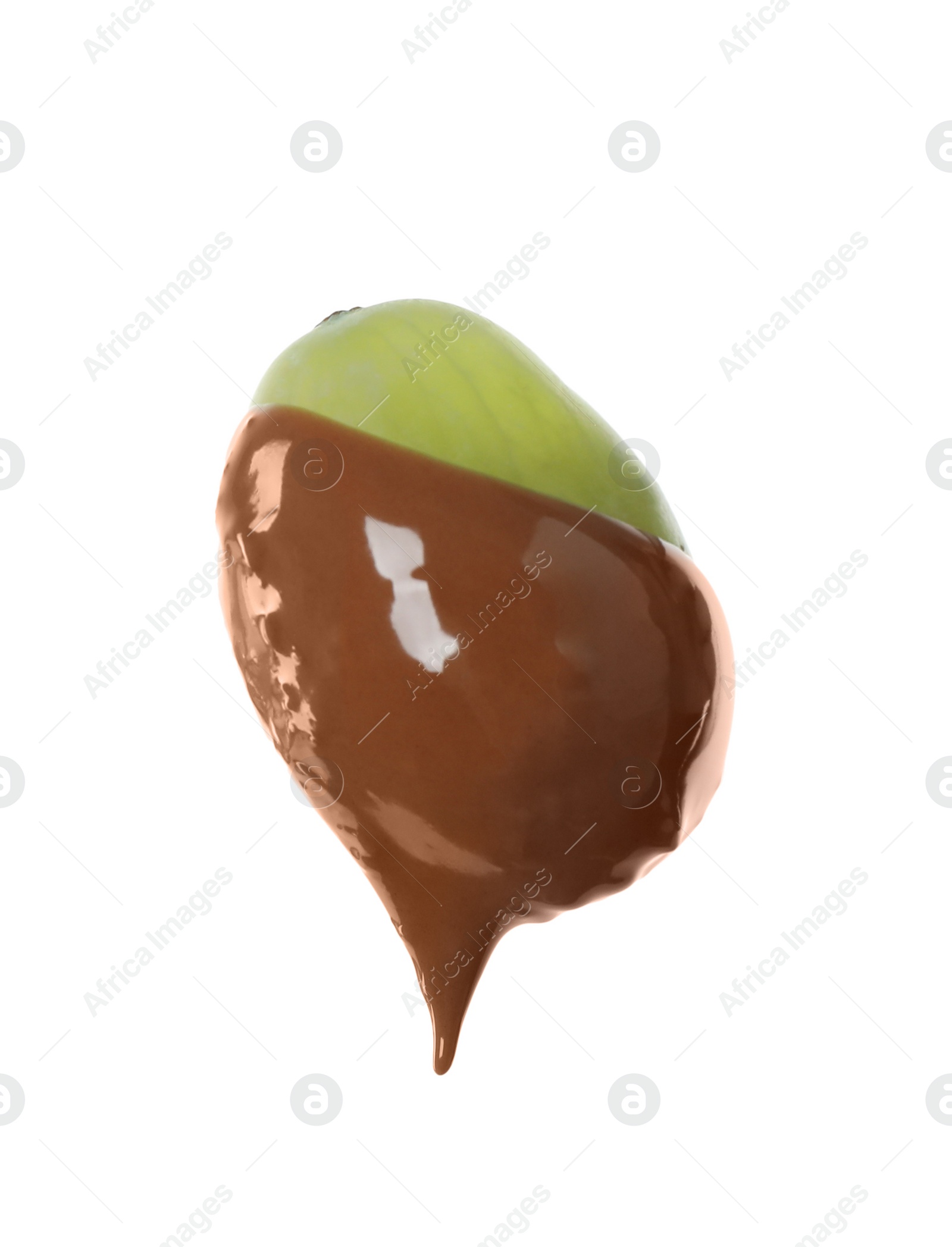 Photo of Tasty grape dipped into chocolate fondue on white background