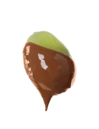 Photo of Tasty grape dipped into chocolate fondue on white background