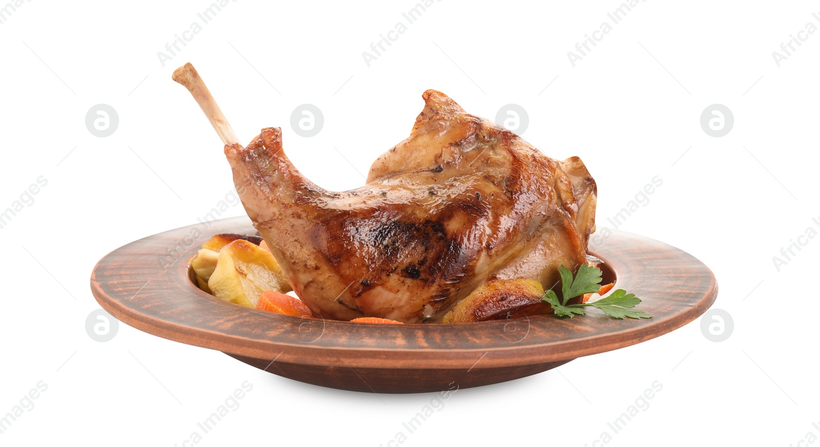 Photo of Tasty cooked rabbit meat with vegetables isolated on white