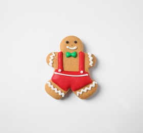 Tasty homemade Christmas cookie on white background, top view