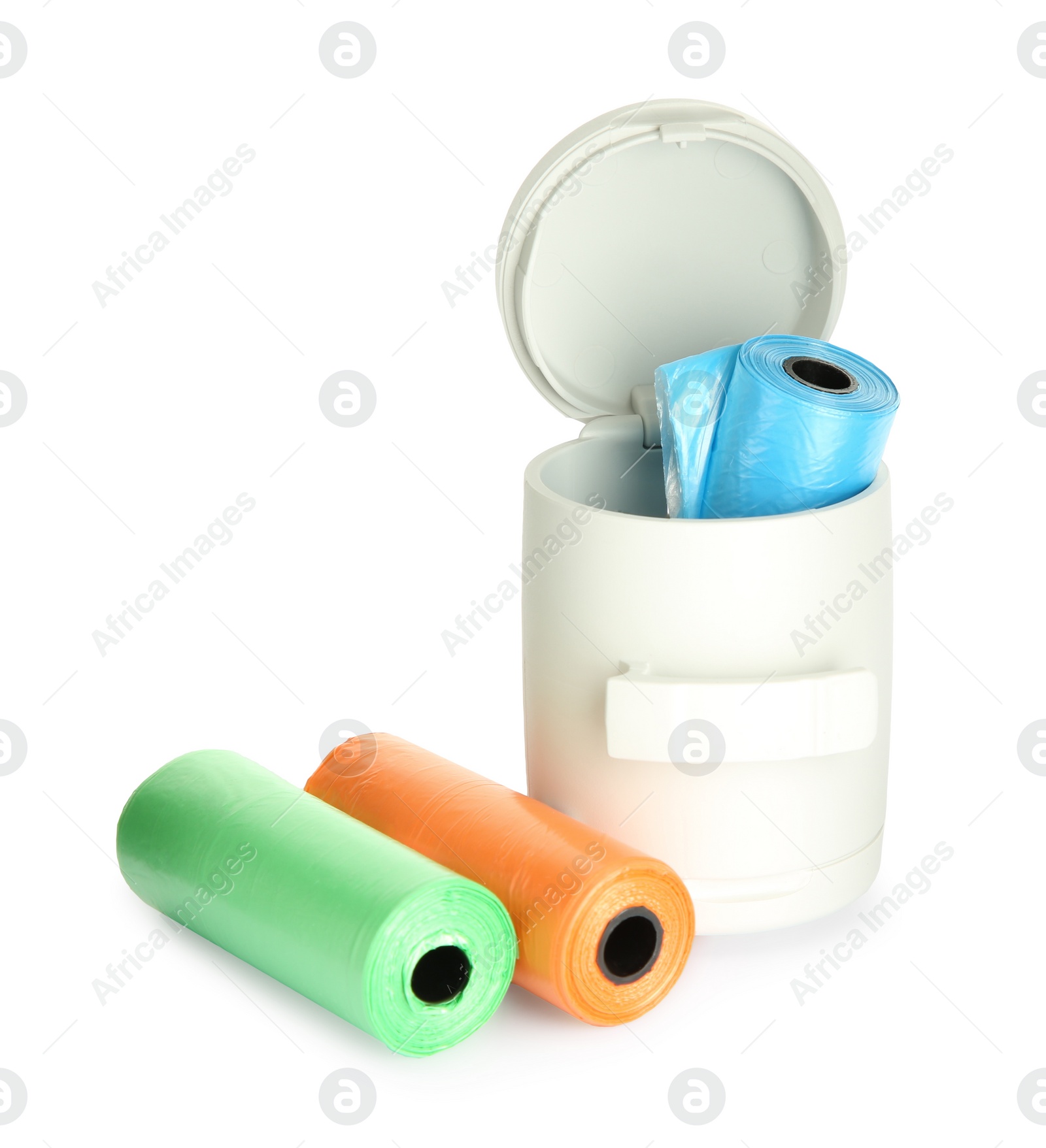 Photo of Dog waste bags and dispenser isolated on white