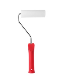 Paint roller brush on white background, top view