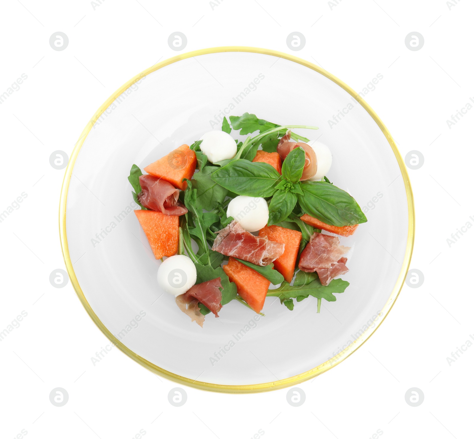 Photo of Fresh melon with prosciutto, mozzarella and basil on white background, top view