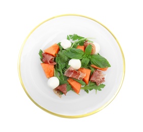 Photo of Fresh melon with prosciutto, mozzarella and basil on white background, top view