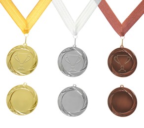 Gold, silver and bronze medals isolated on white, set