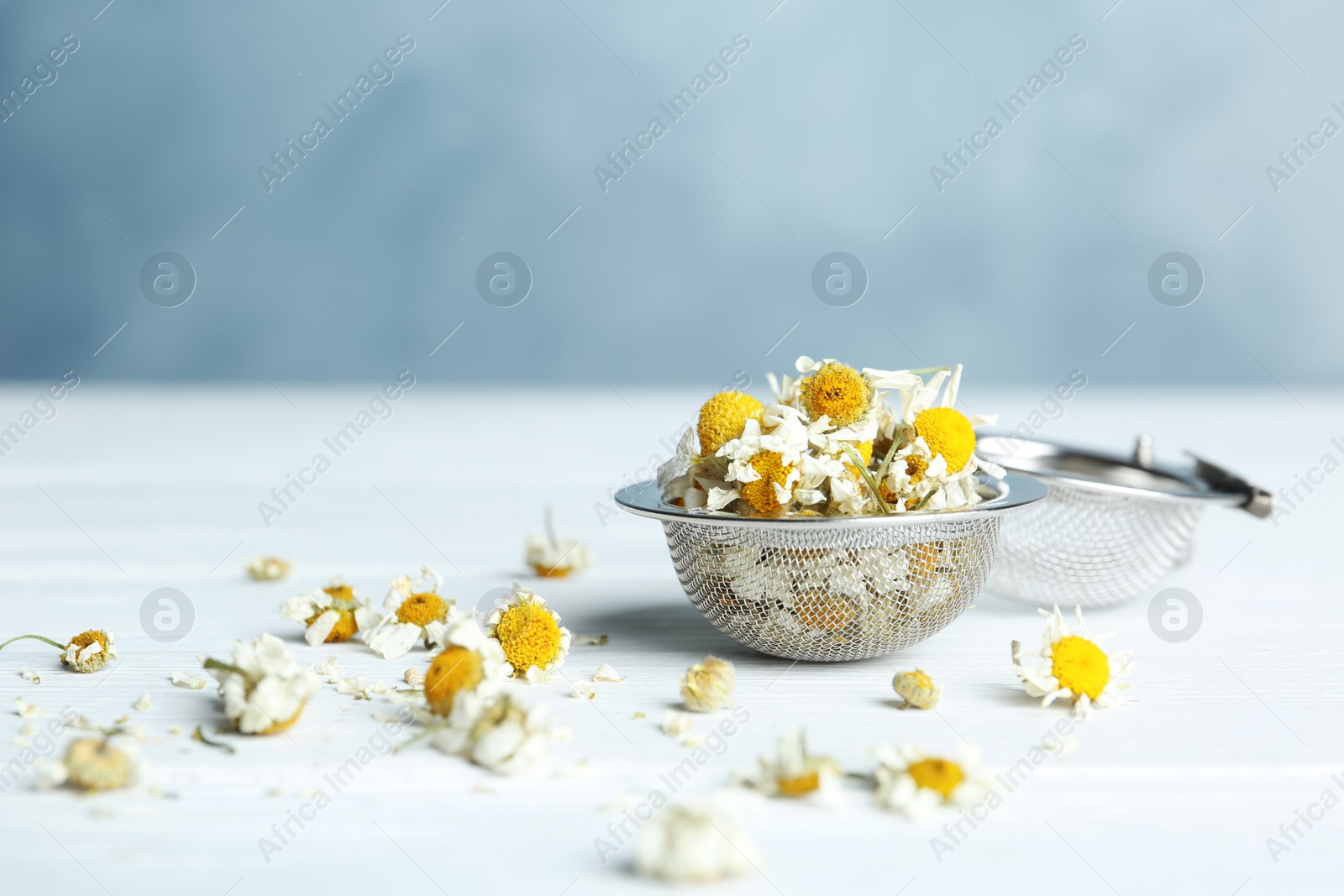 Photo of Dry chamomile flowers in infuser on white wooden table