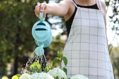Woman watering fresh flower bed with can outdoors, closeup