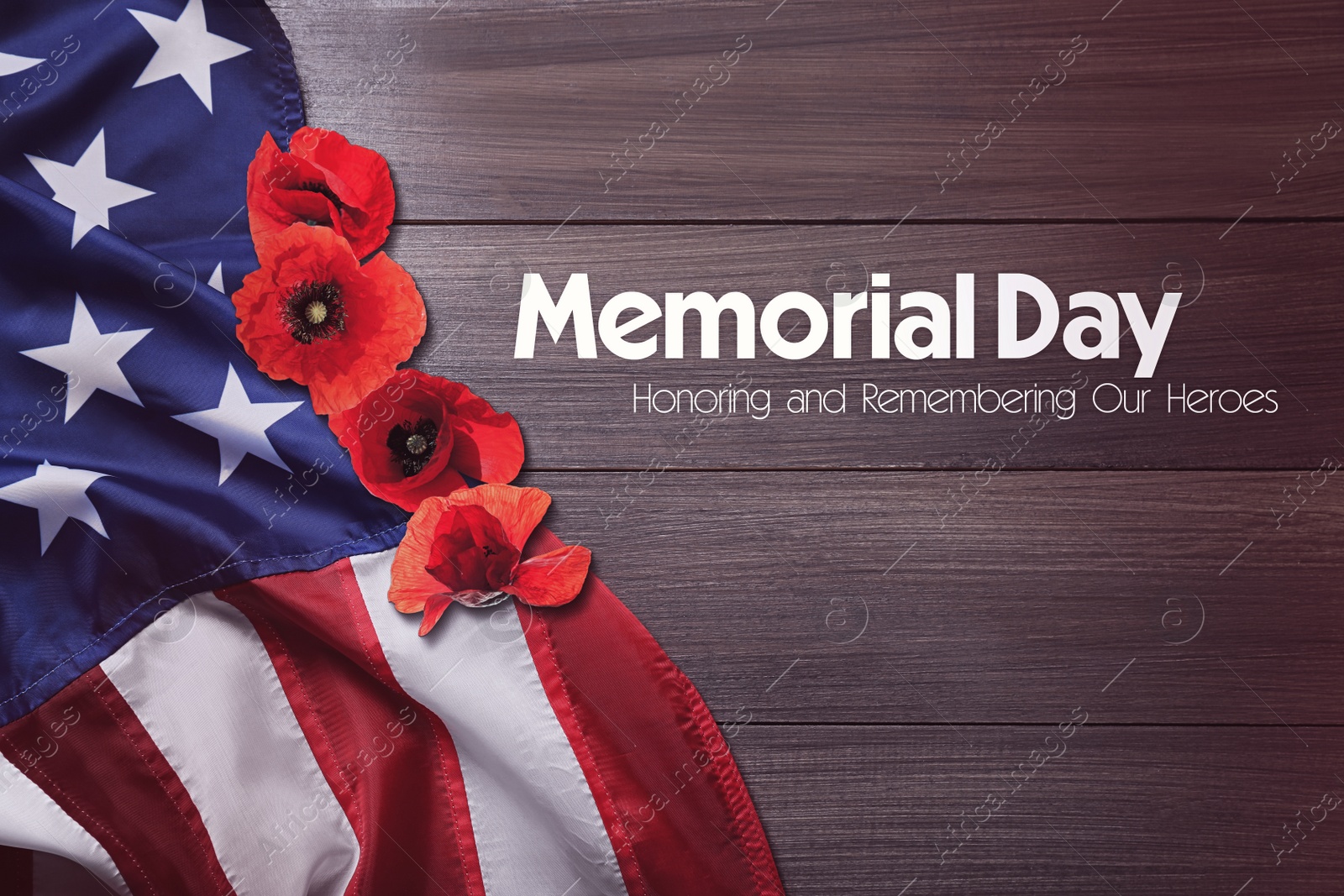 Image of Memorial Day, Honoring and Remembering. American flag and red poppy flowers on wooden background, top view