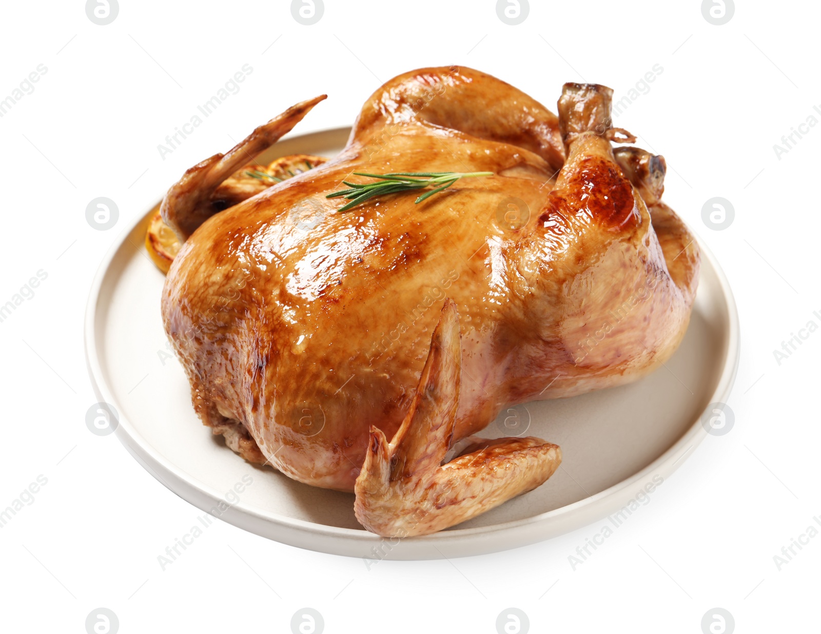 Photo of Tasty roasted chicken with rosemary and lemon isolated on white