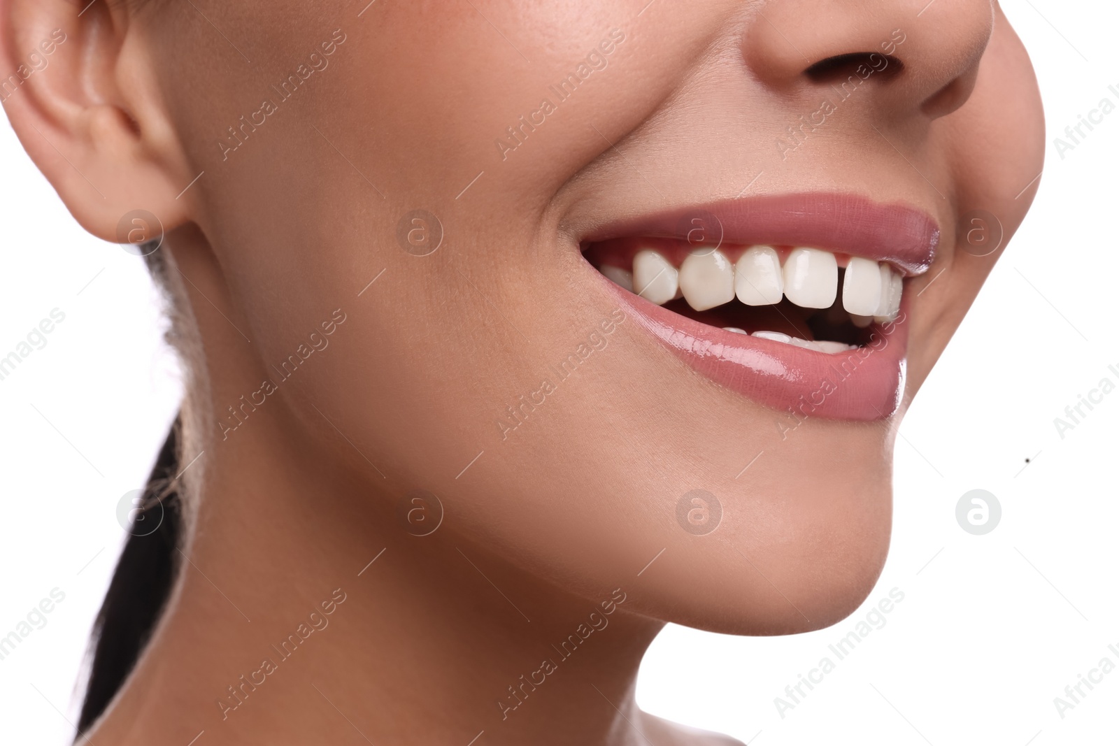 Image of Woman with diastema between upper front teeth on white background, closeup