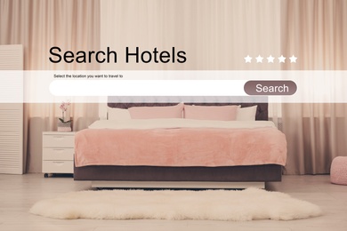 Image of Booking online service. Search bar and beautiful hotel room on background