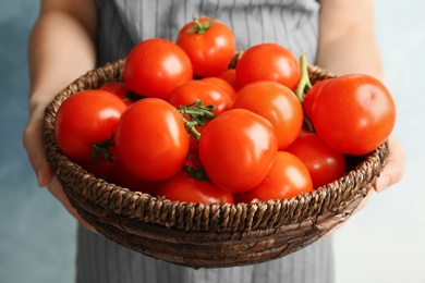 Photo of Woman holding wicker bowl with ripe tomatoes, closeup