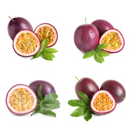 Image of Set with delicious passion fruits on white background