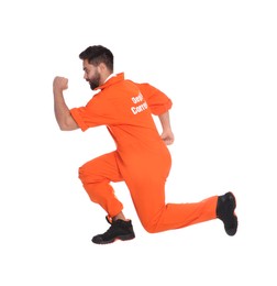 Prisoner in special jumpsuit on white background