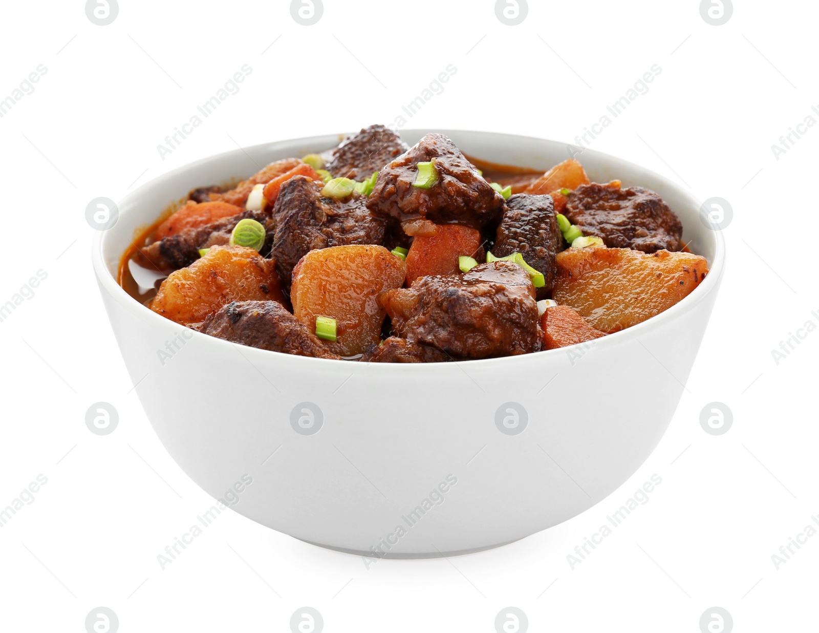 Photo of Delicious beef stew with carrots, green onions and potatoes on white background