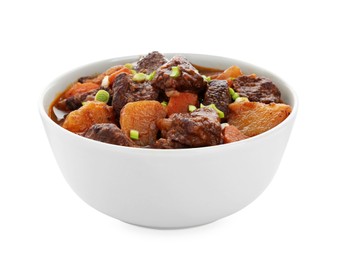 Photo of Delicious beef stew with carrots, green onions and potatoes on white background