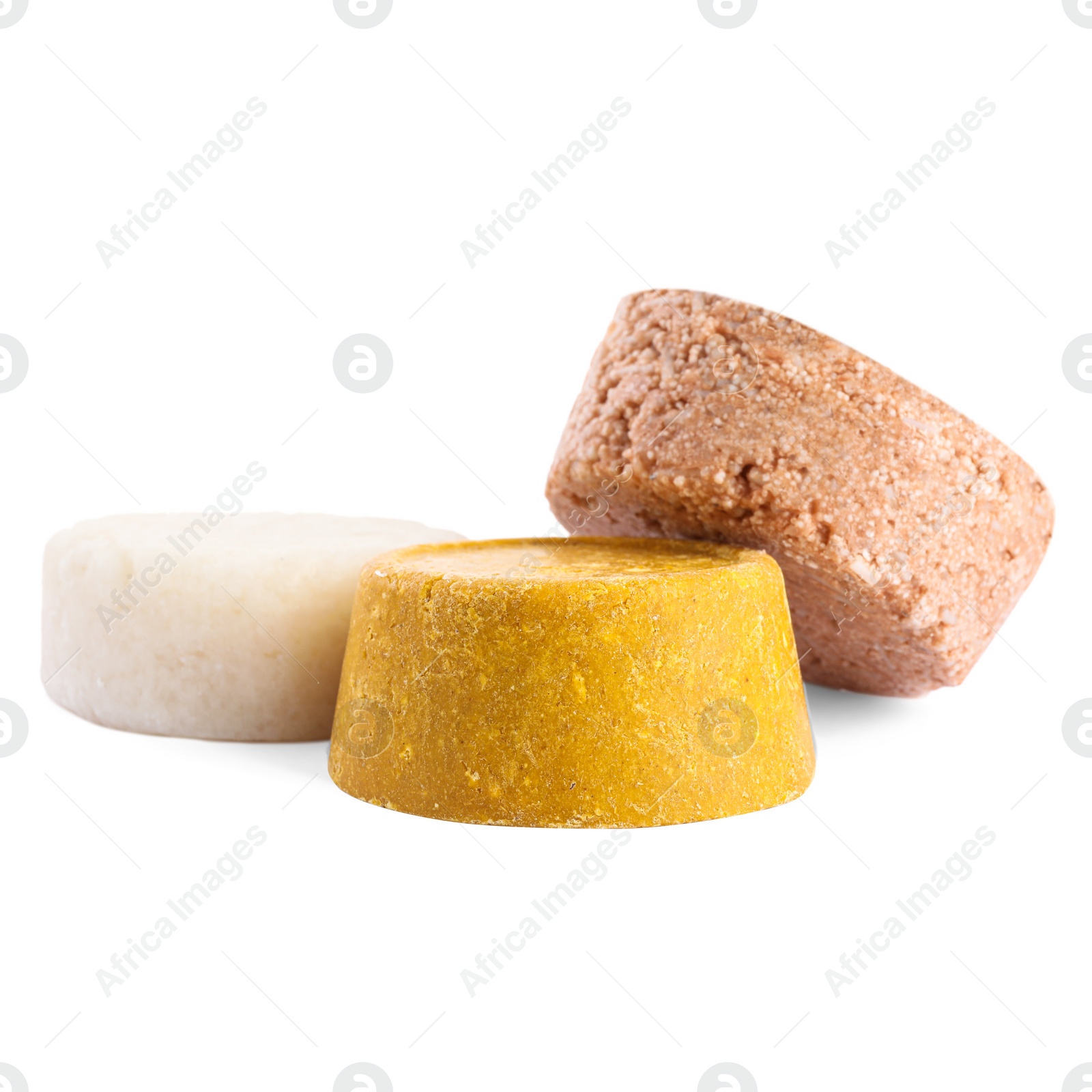 Photo of Solid shampoo bars on white background. Hair care