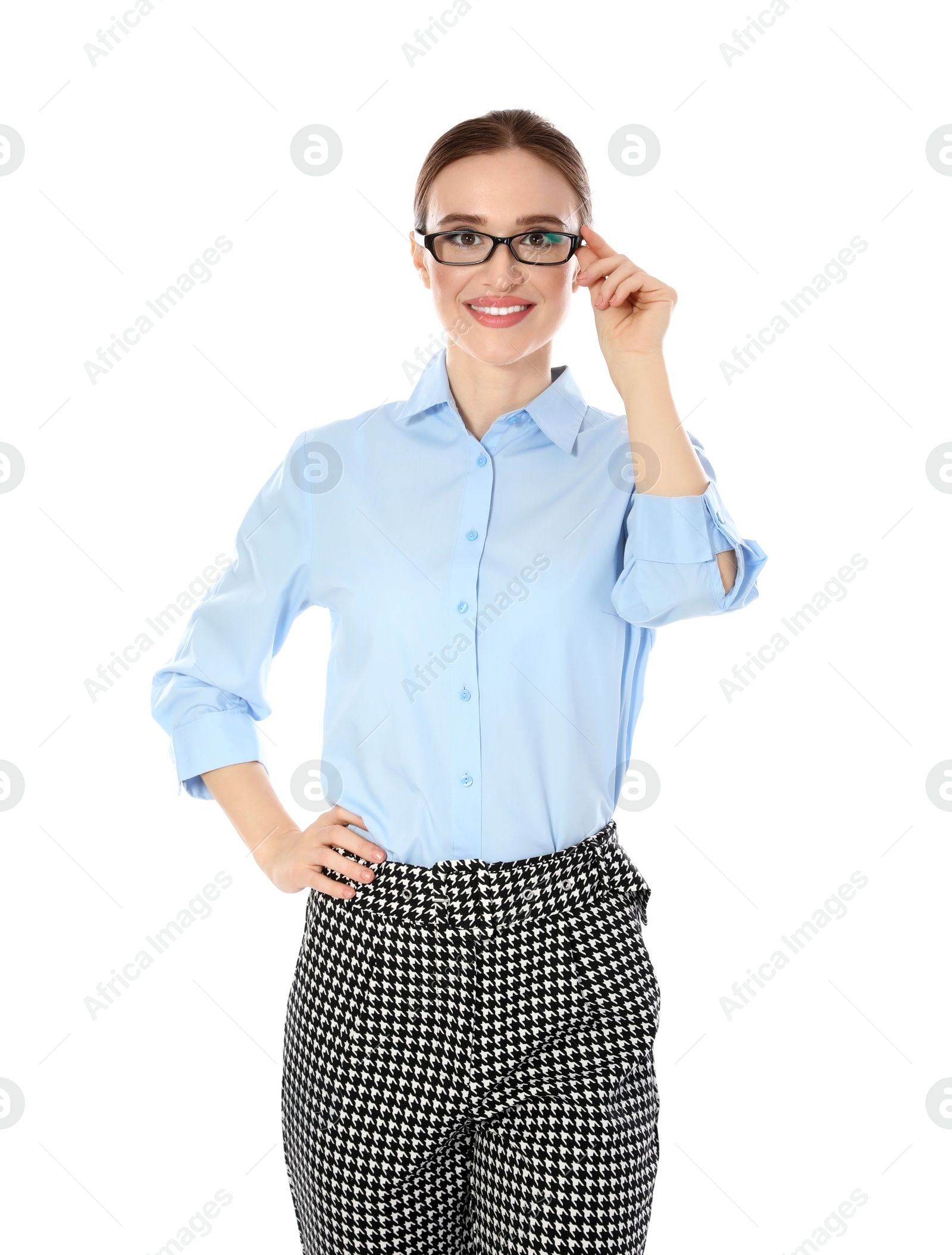 Photo of Portrait of young female teacher on white background