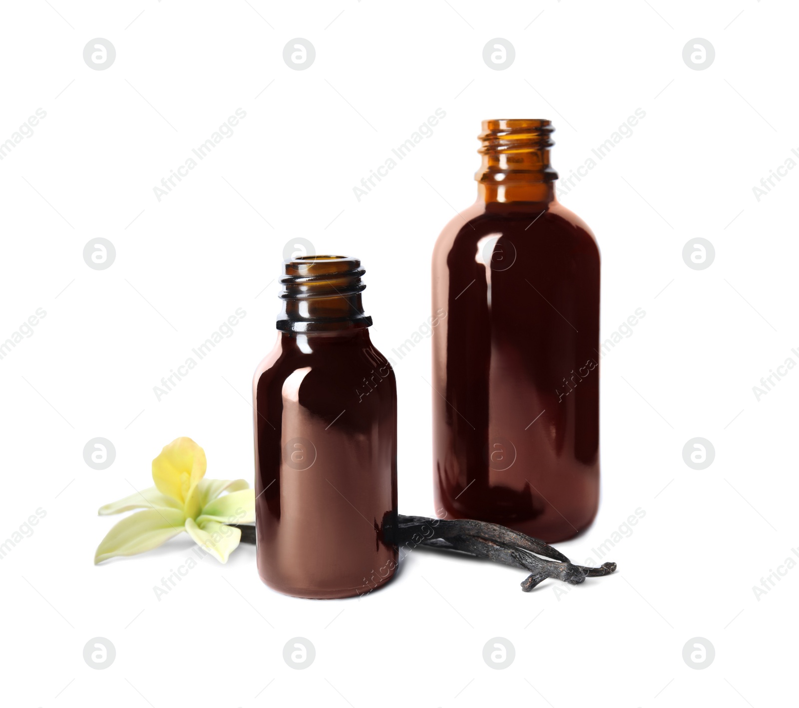 Photo of Vanilla extract, flower and dry pods isolated on white