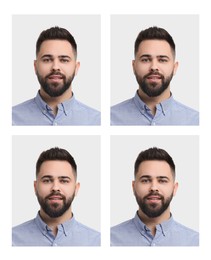 Passport photo, collage. Man on white background, set of photos