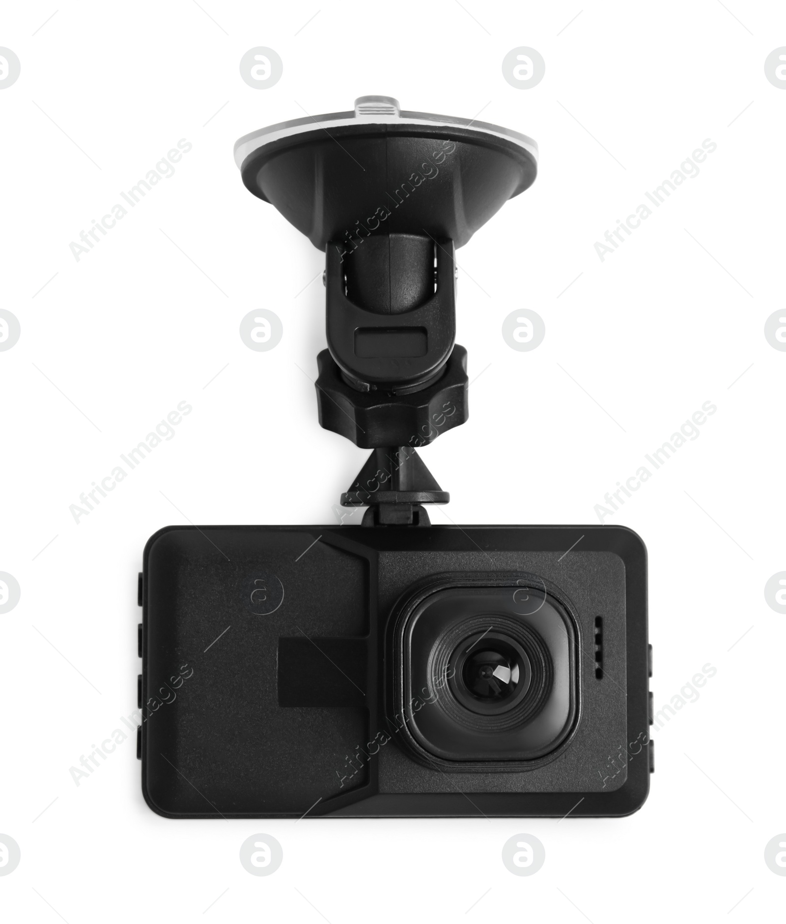 Photo of Modern car dashboard camera with suction mount isolated on white