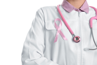 Photo of Doctor with pink ribbon and stethoscope on white background, closeup. Breast cancer awareness