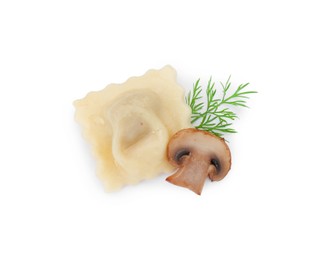 One delicious ravioli with mushroom and dill isolated on white, top view