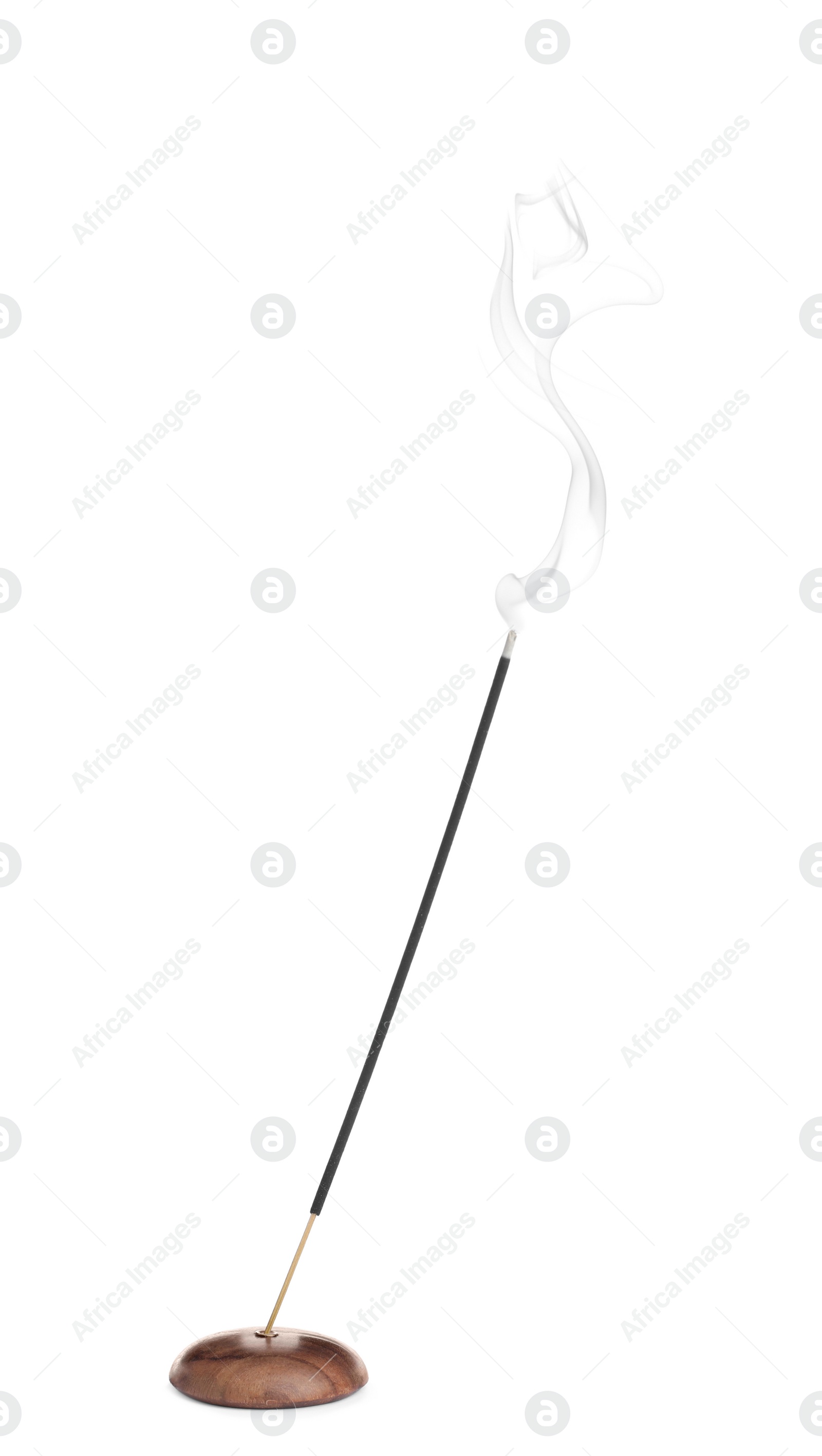 Photo of Incense stick smoldering in holder on white background