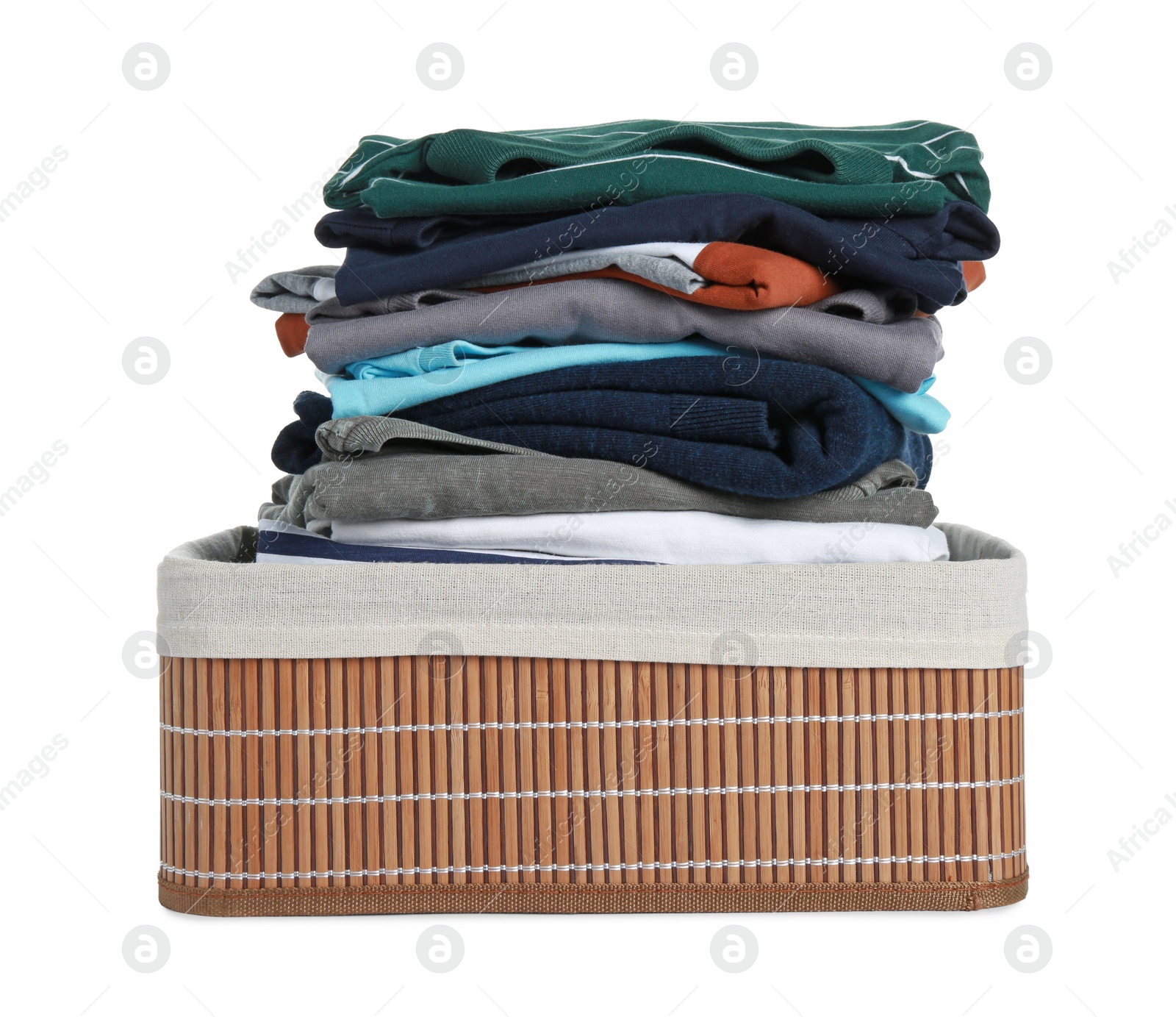 Photo of Laundry basket with clean clothes isolated on white