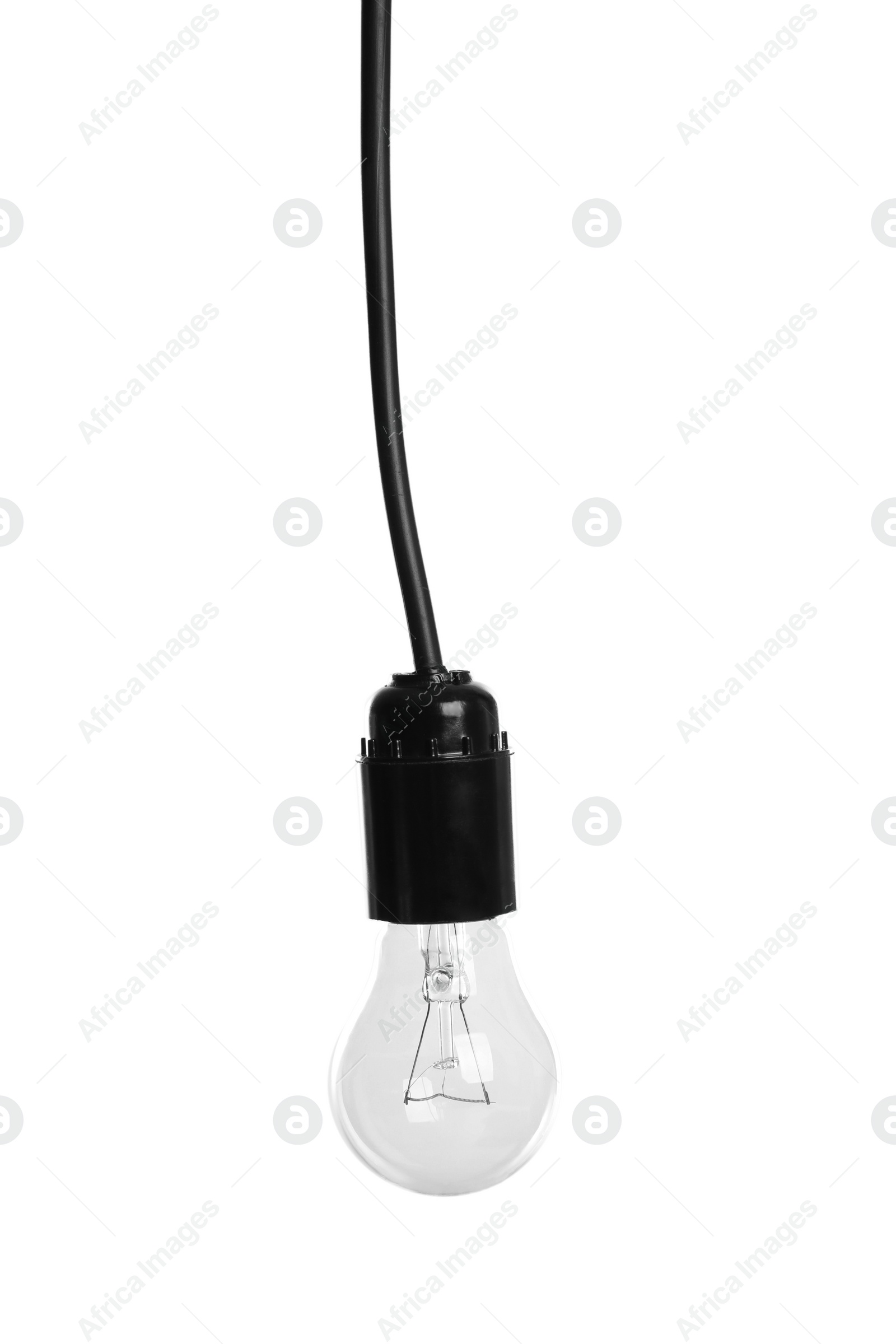 Photo of New incandescent light bulb for lamp on white background