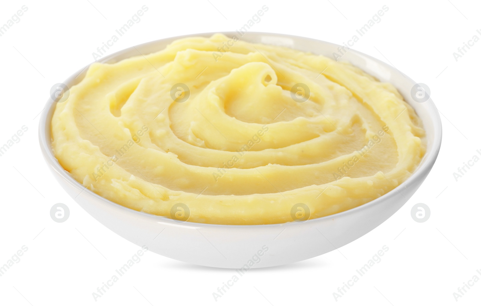 Photo of Bowl of tasty mashed potato isolated on white