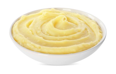 Bowl of tasty mashed potato isolated on white