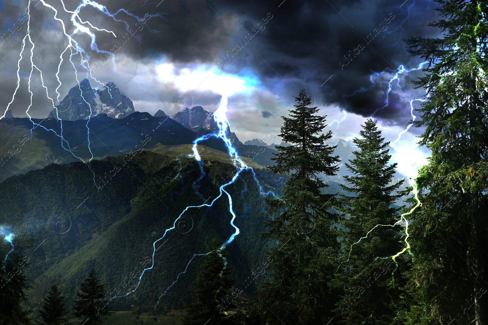 Image of Thunder cloud with lightnings over mountains. Severe weather