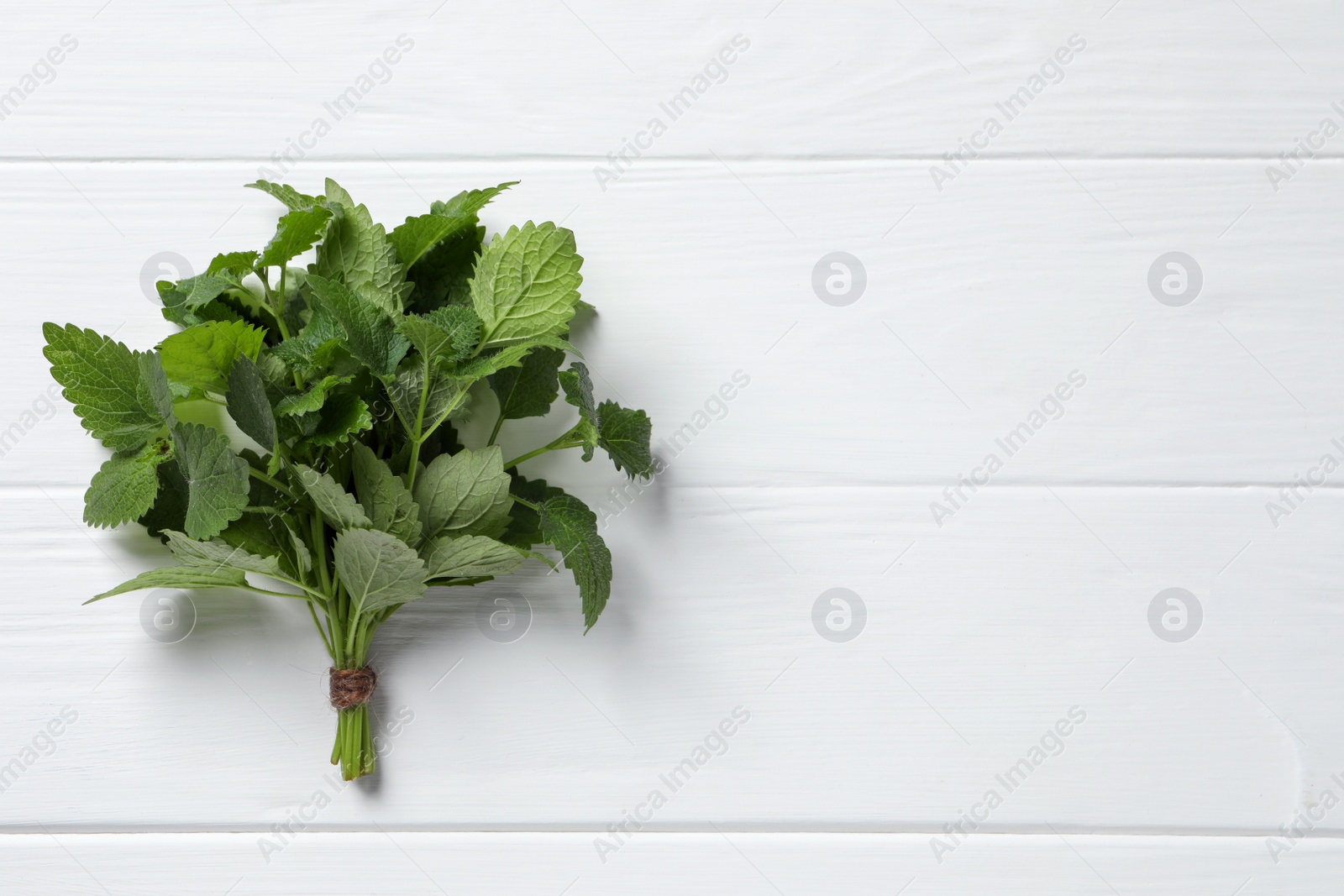 Photo of Fresh lemon balm on white wooden table, top view. Space for text