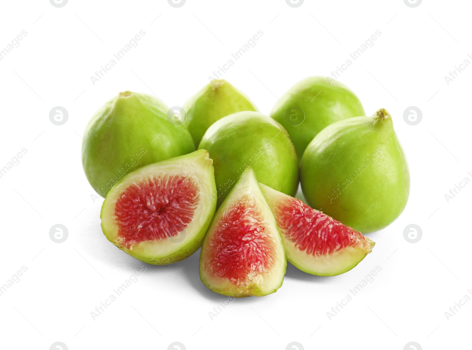 Photo of Whole and cut green figs on white background