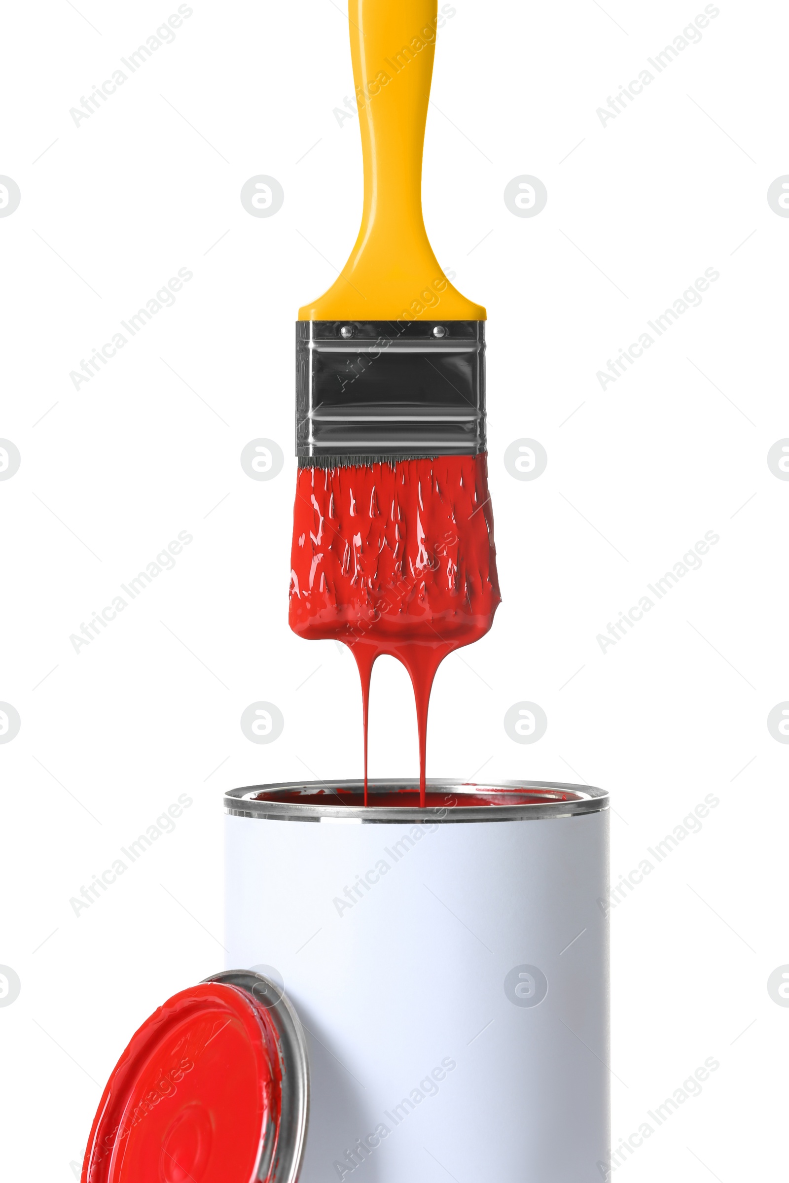 Photo of Open paint can and brush isolated on white