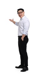 Photo of Businessman in formal clothes posing on white background