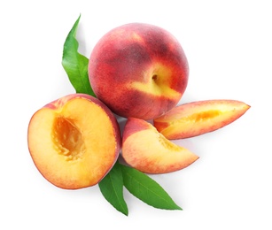 Photo of Sweet juicy peaches with leaves on white background, top view